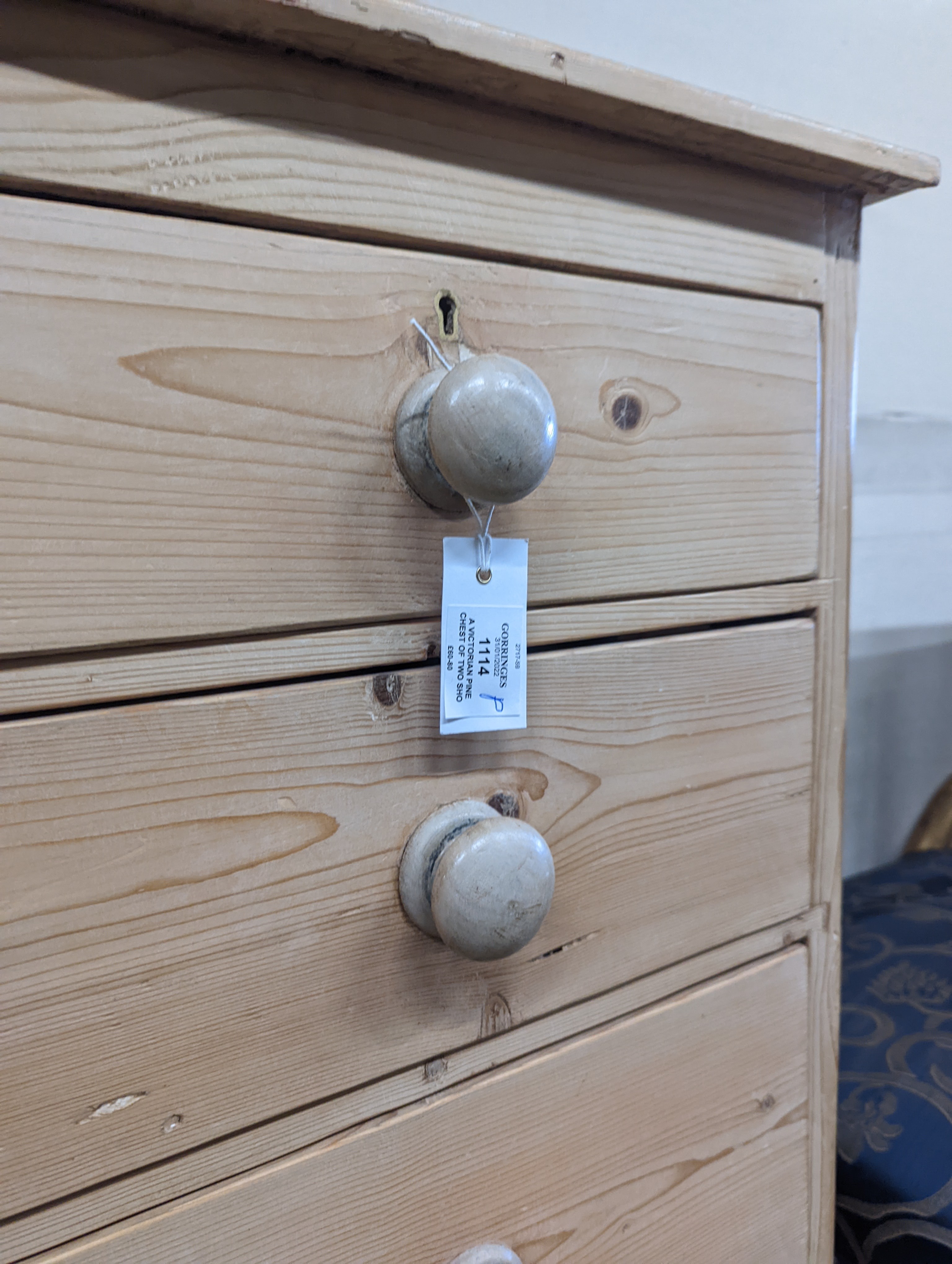 A Victorian pine chest of two short and three long drawers, width 94cm, depth 44cm, height 96cm